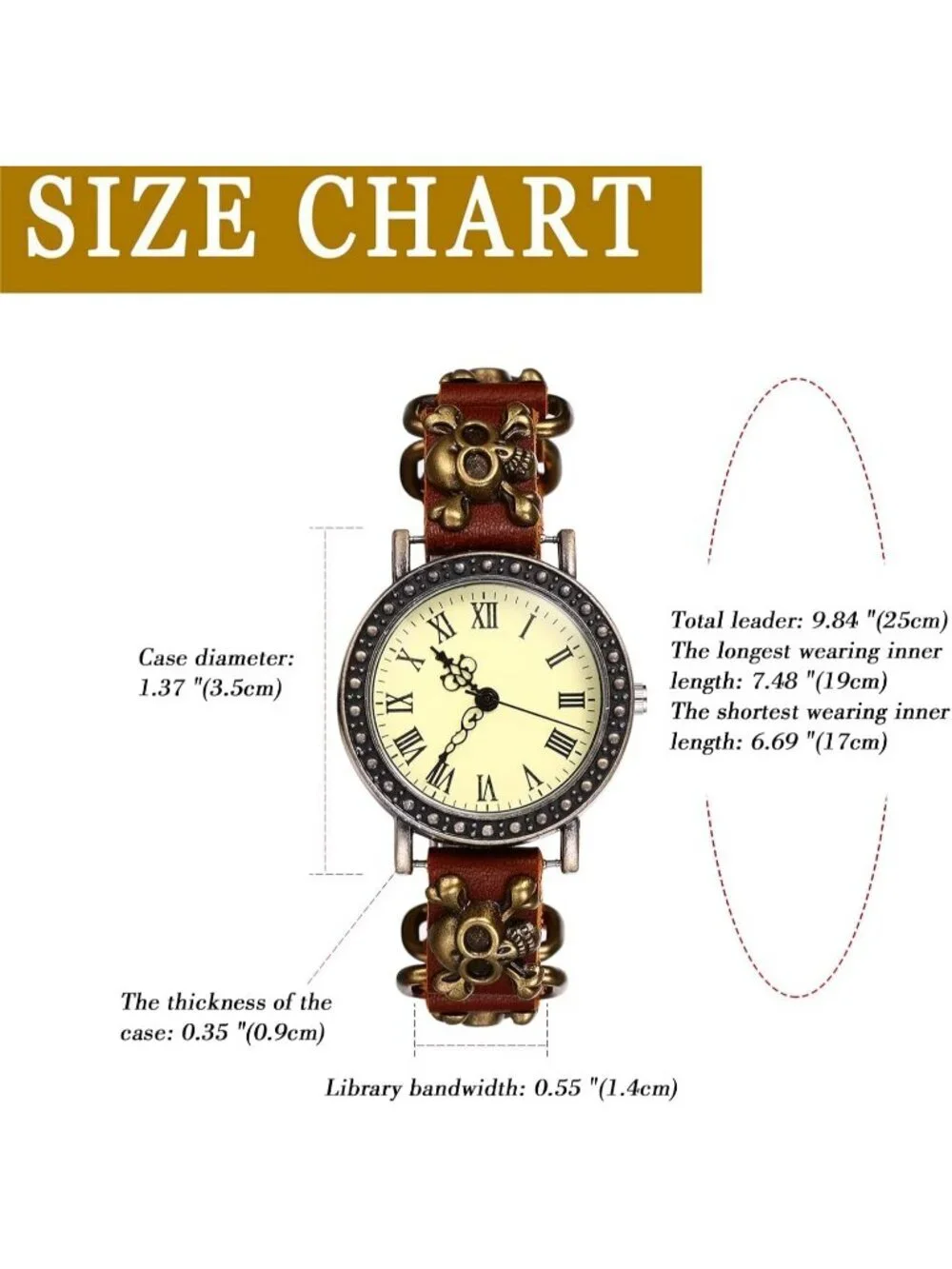 Unisex Brown Analog Quartz Wide Leather Strap Band Skull Vintage Wrist Watch